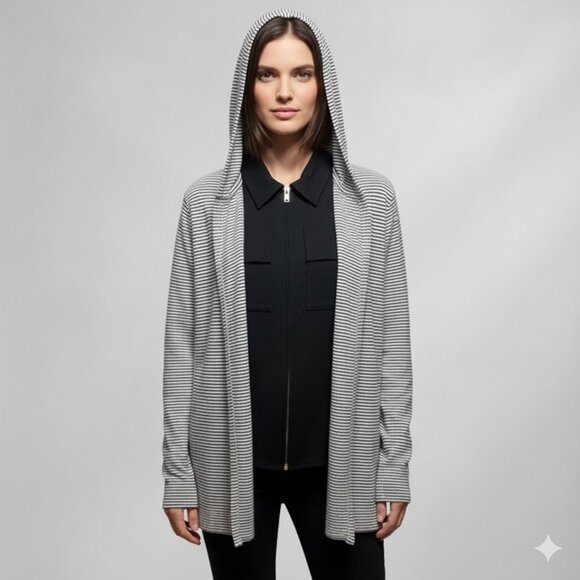 LOFT Womens Cardigan Size M knit  Striped Hooded Sweater Black White Casual - Picture 1 of 7